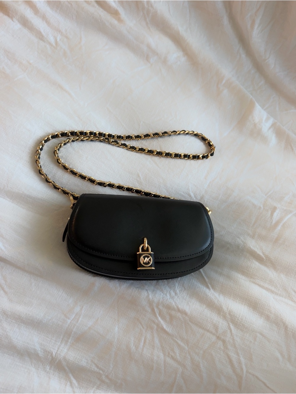 Michael Kors Black Leather Crossbody with Gold Chain and Padlock